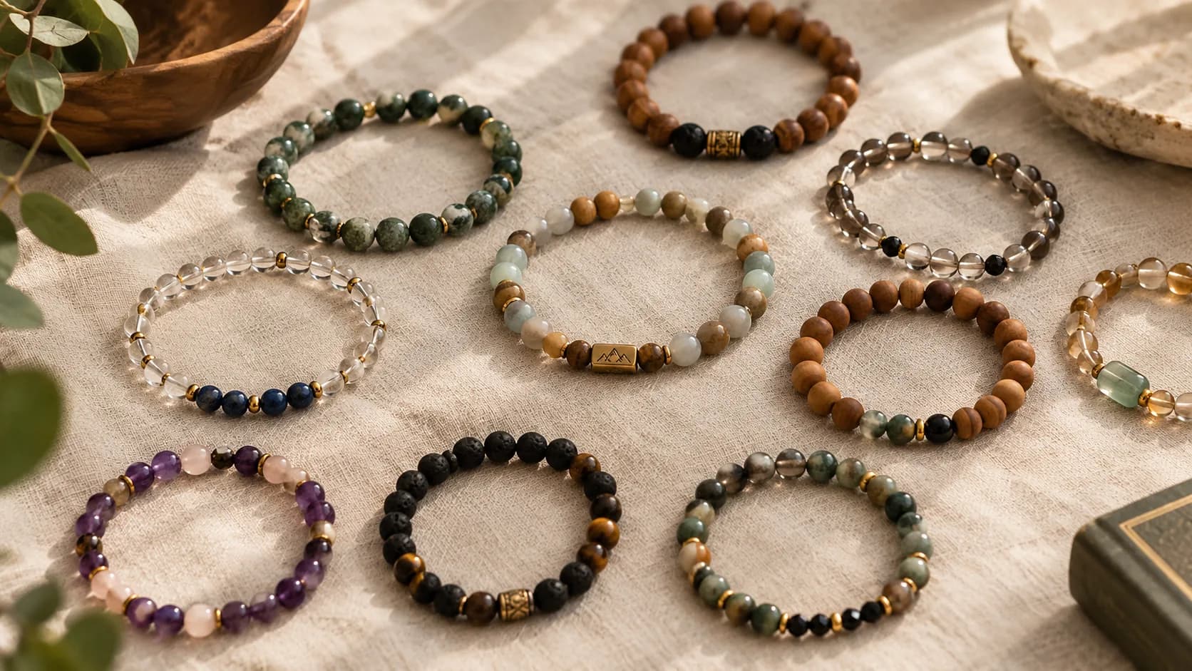 Handmade beaded bracelets arranged on a linen surface